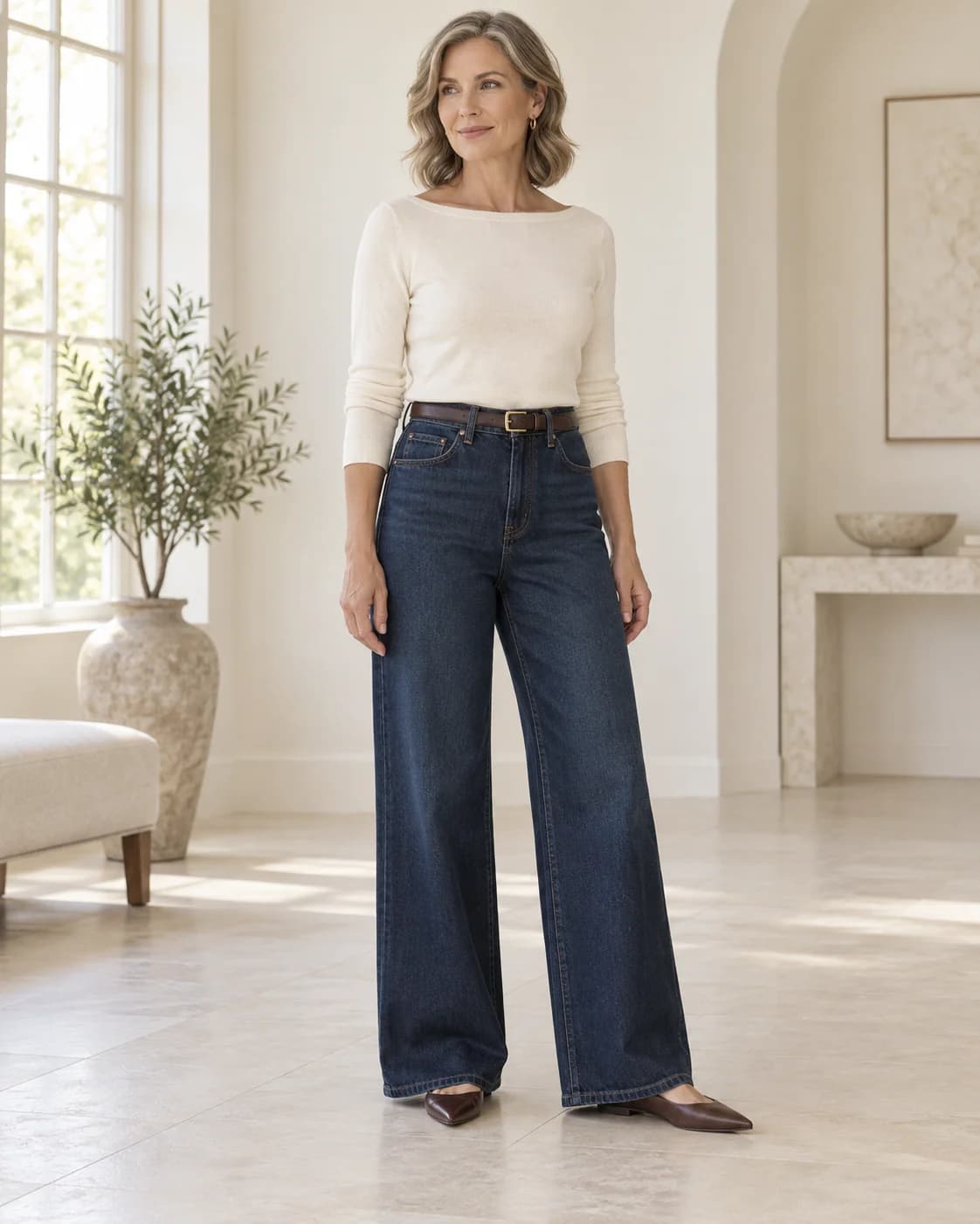 Full-length dark-indigo wide-leg jeans with an ivory knit and chocolate pointed flats, with the toes visible and hems clear of the floor.