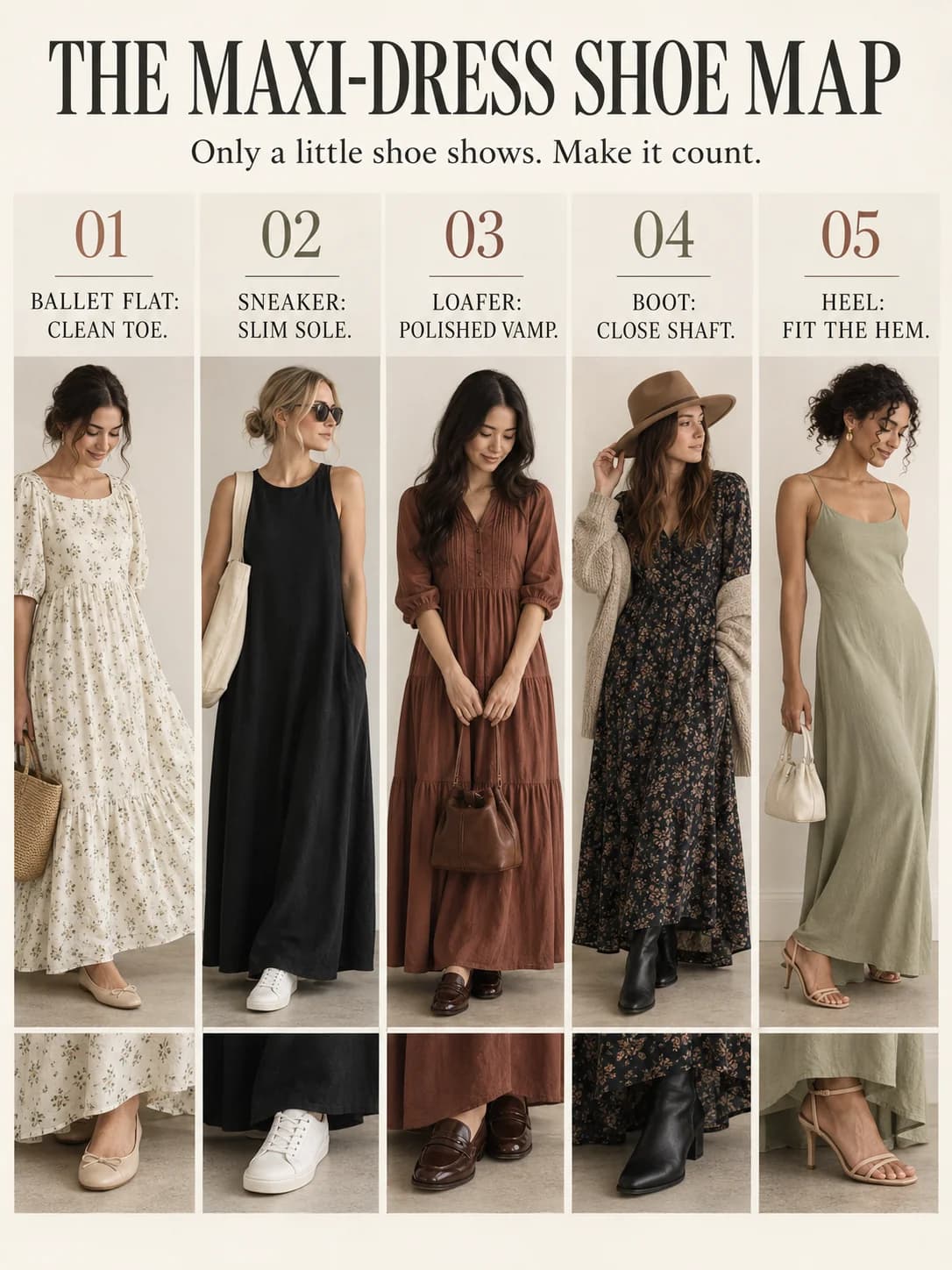 THE MAXI-DRESS SHOE MAP guide for what shoes to wear with a maxi dress