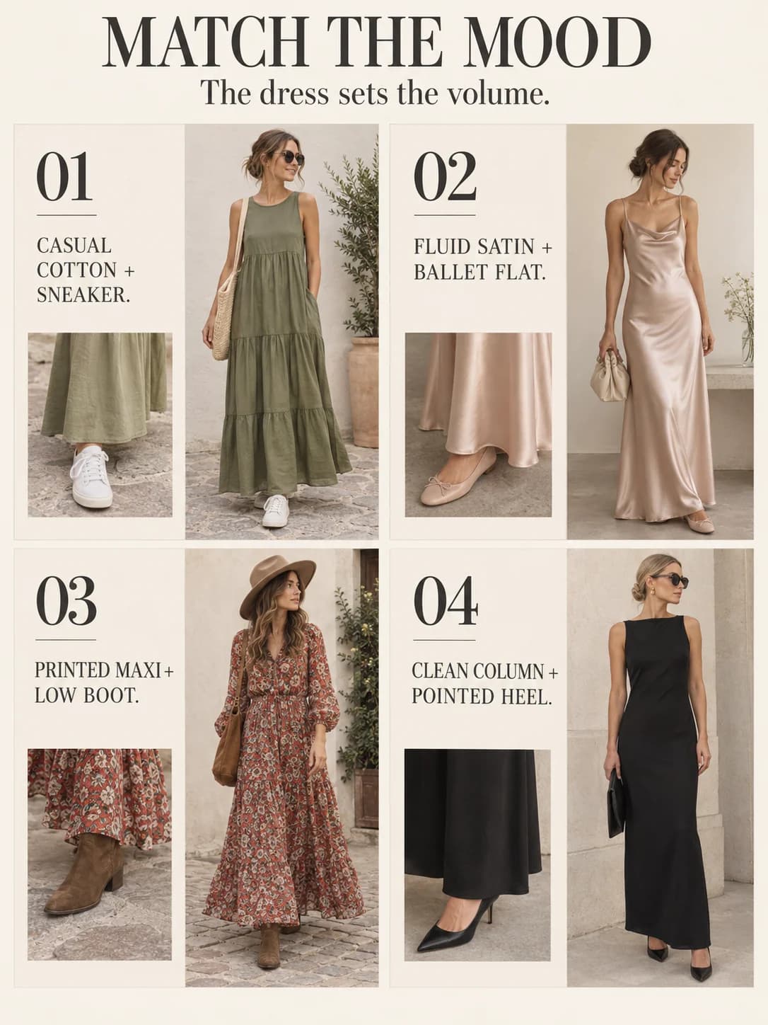MATCH THE MOOD guide for what shoes to wear with a maxi dress