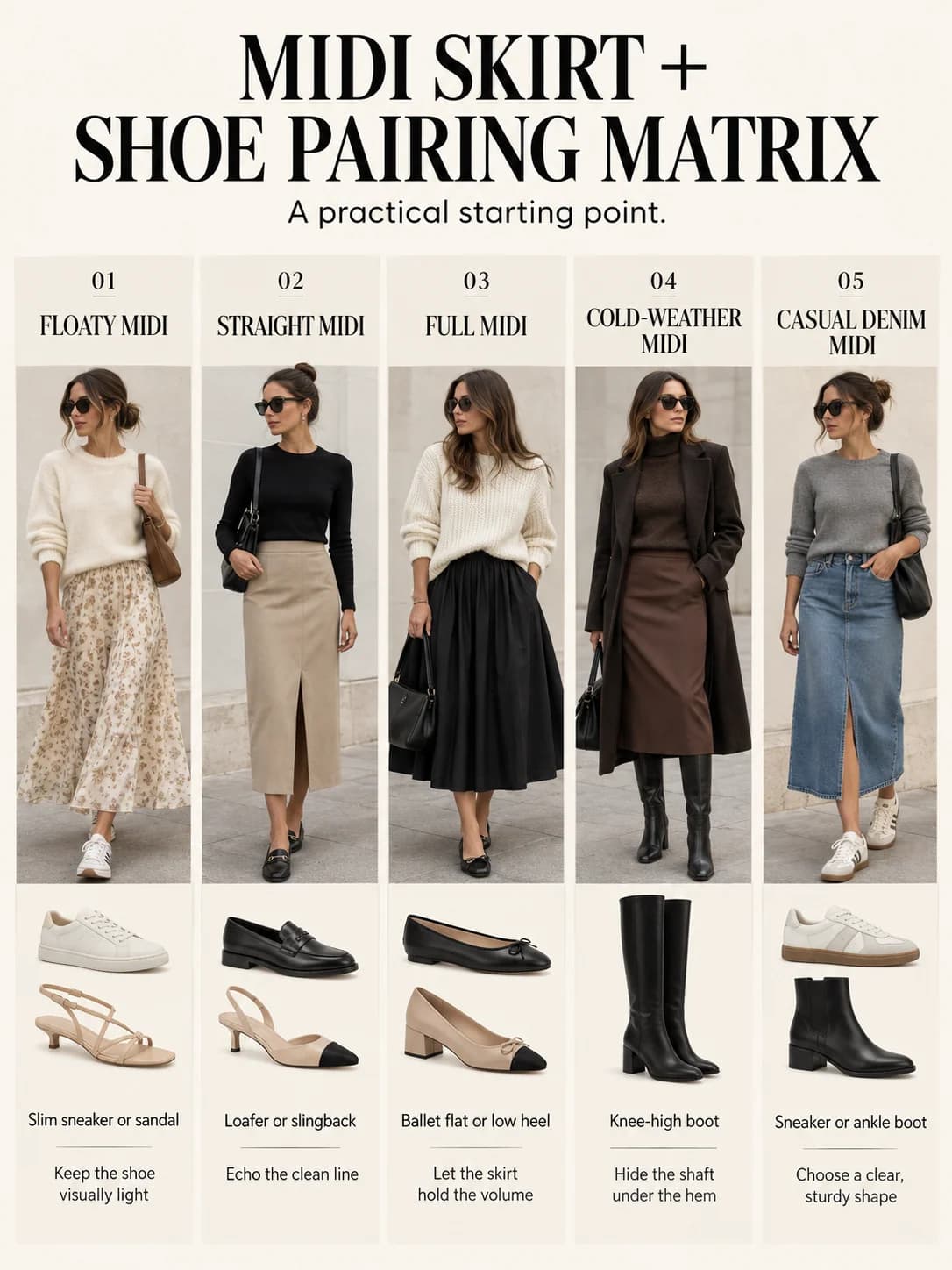Educational guide: midi skirt + shoe pairing matrix