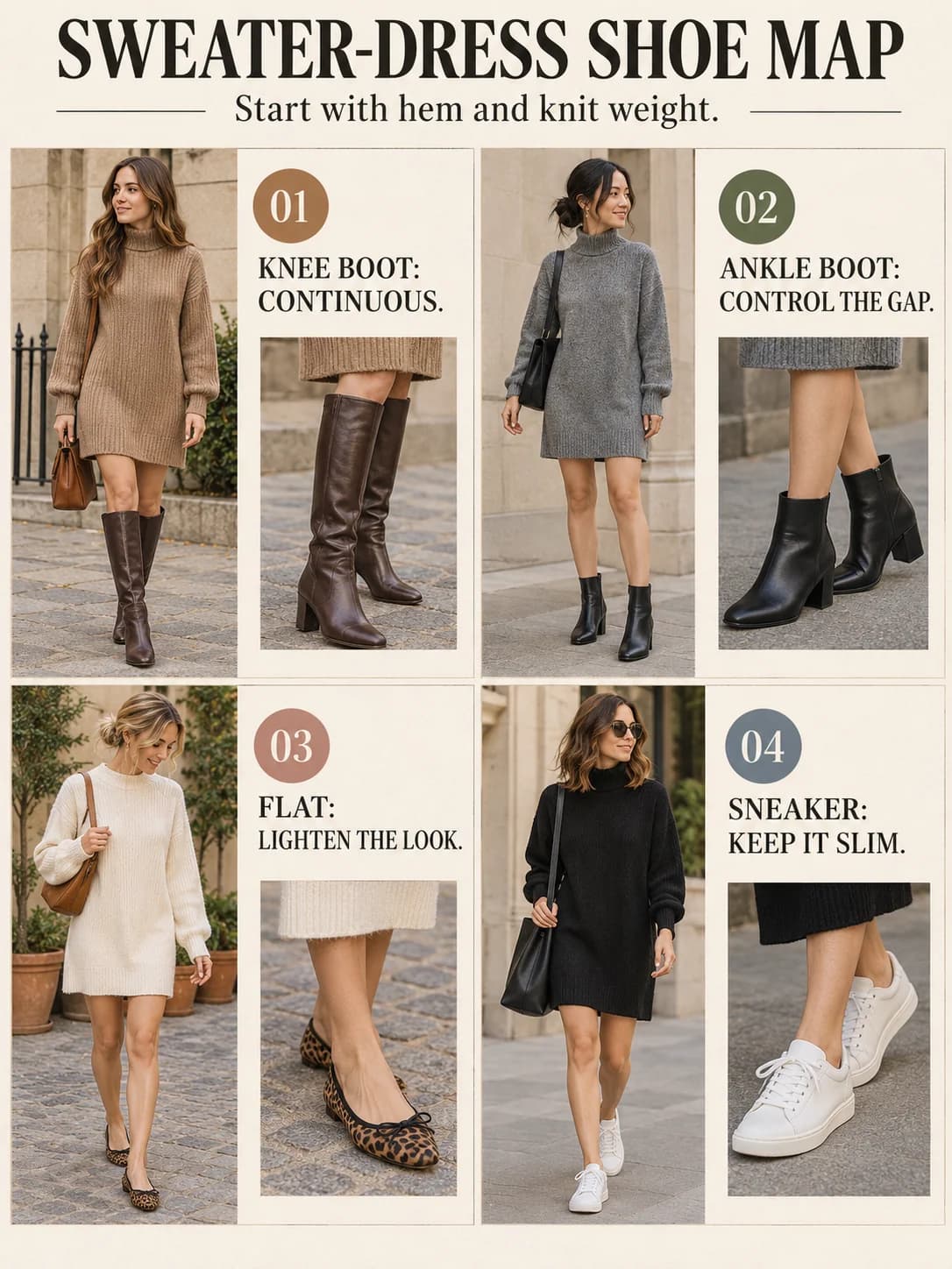 SWEATER-DRESS SHOE MAP guide for what shoes to wear with a sweater dress