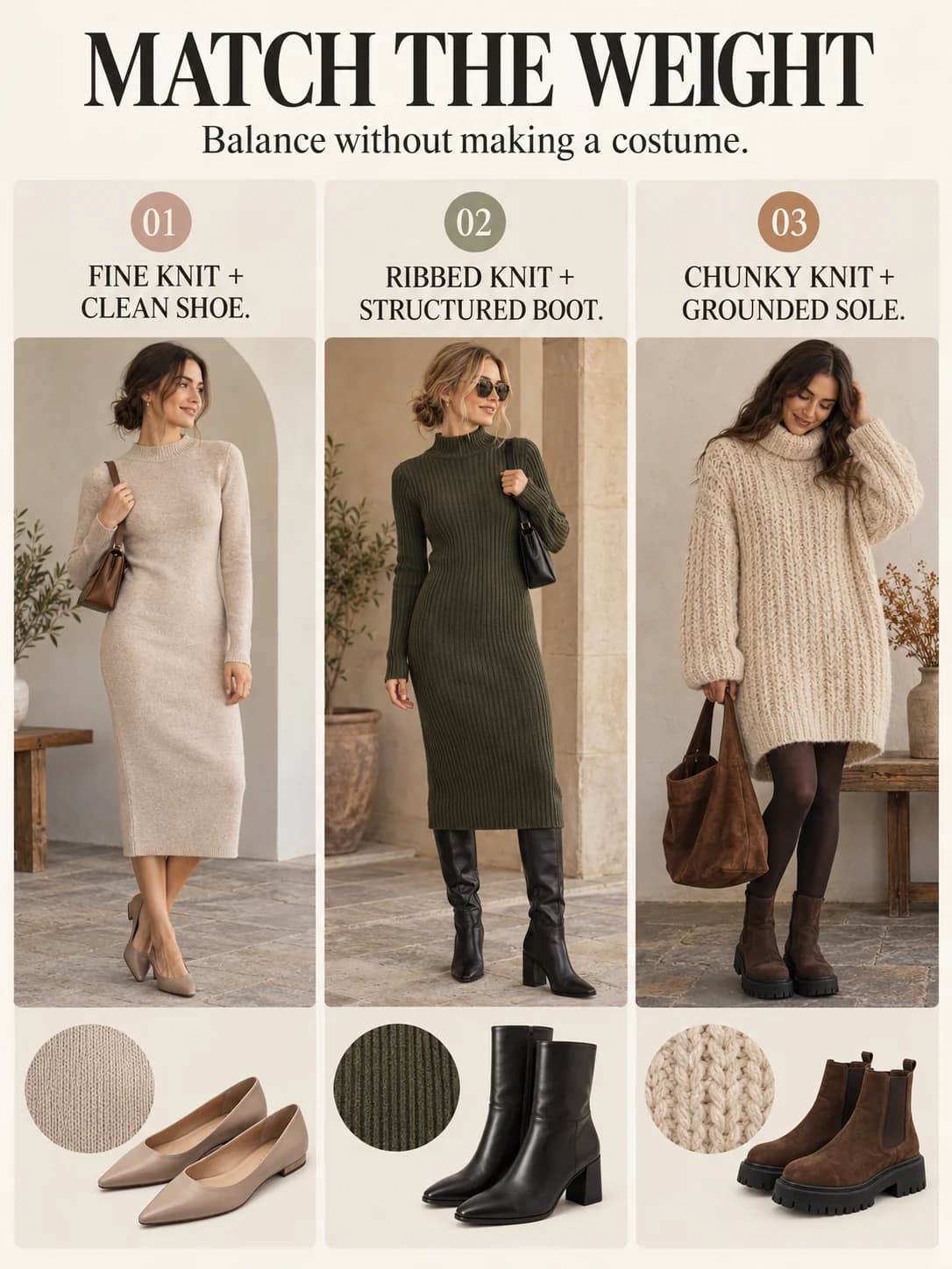 MATCH THE WEIGHT guide for what shoes to wear with a sweater dress