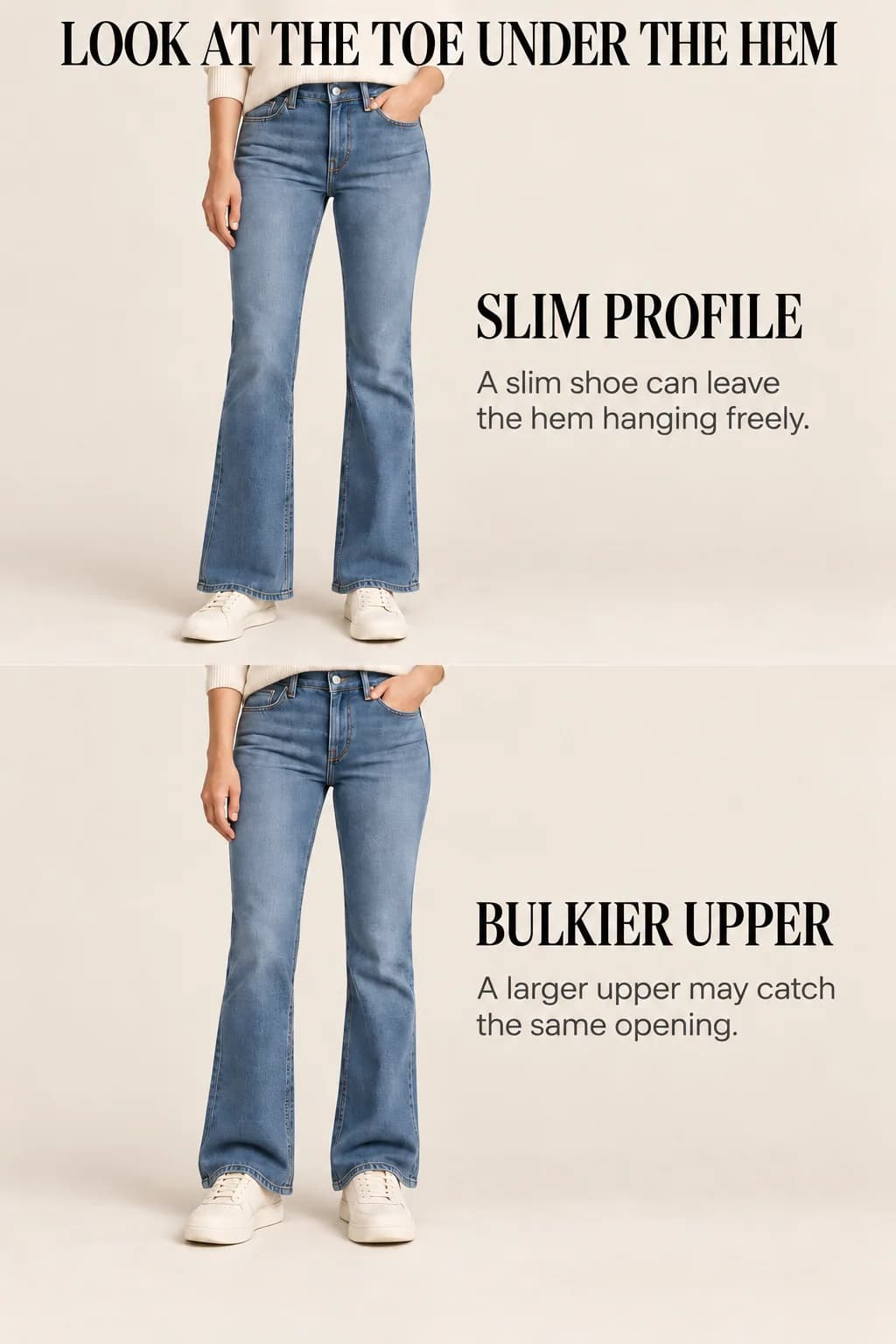 The same bootcut opening falls around a slim cream sneaker, then rests on the larger upper of a bulkier sneaker.