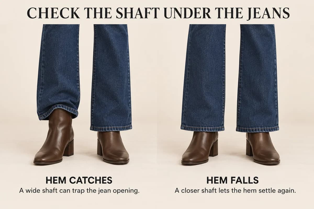 A bootcut hem catches on a wide chocolate boot shaft, then falls freely over a closer shaft with the same heel and toe.
