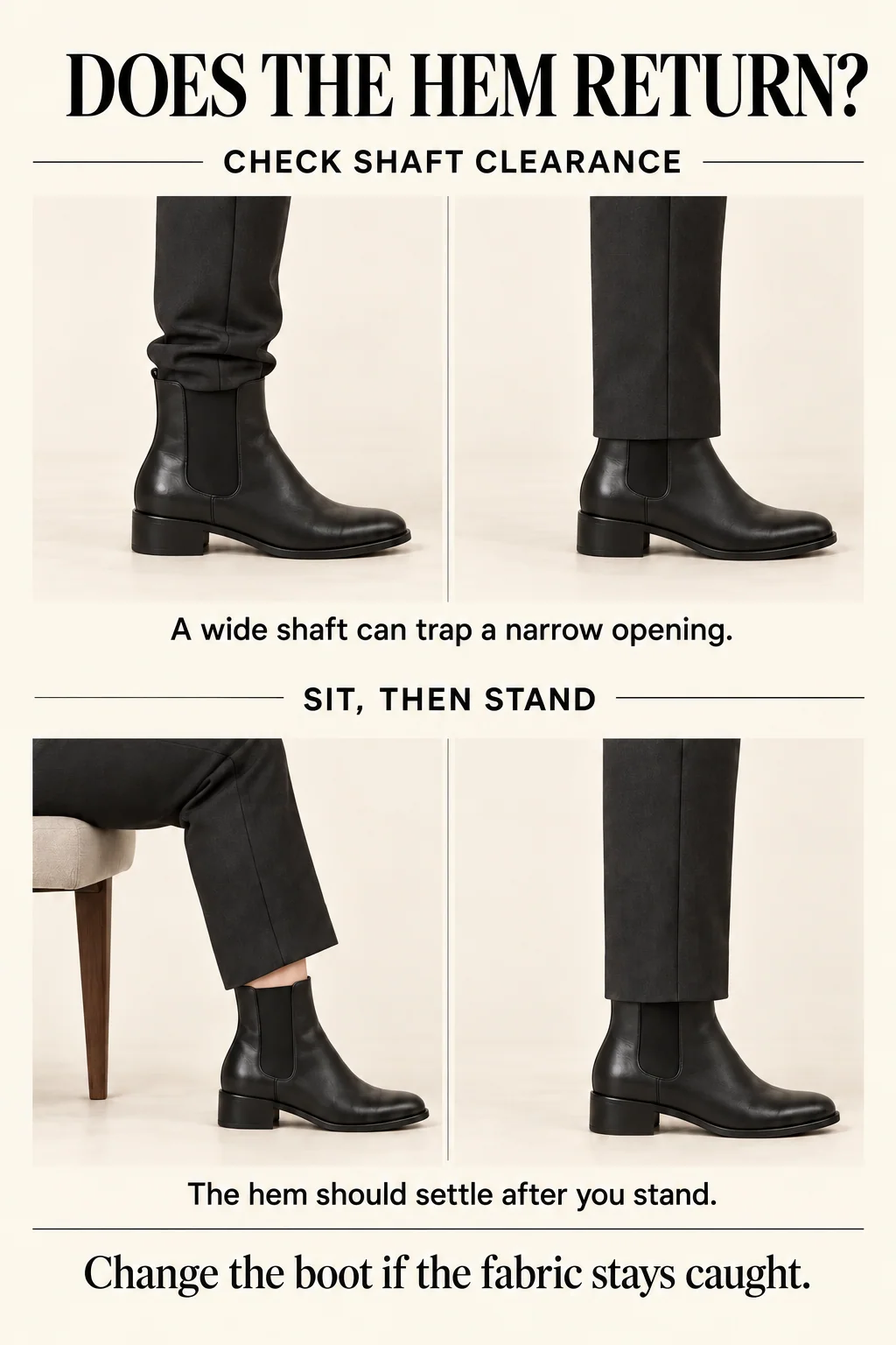 A narrow trouser hem catches on a wide boot shaft but clears a close shaft; seated and standing views show whether it returns to place.