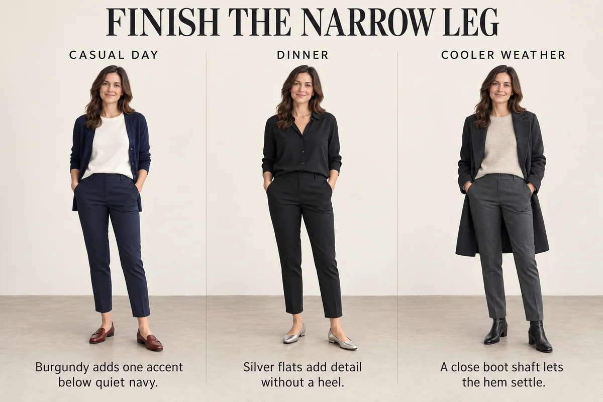Navy pants with burgundy loafers, black pants with silver flats and charcoal pants over close-shaft boots demonstrate casual, dinner and cold-weather choices.