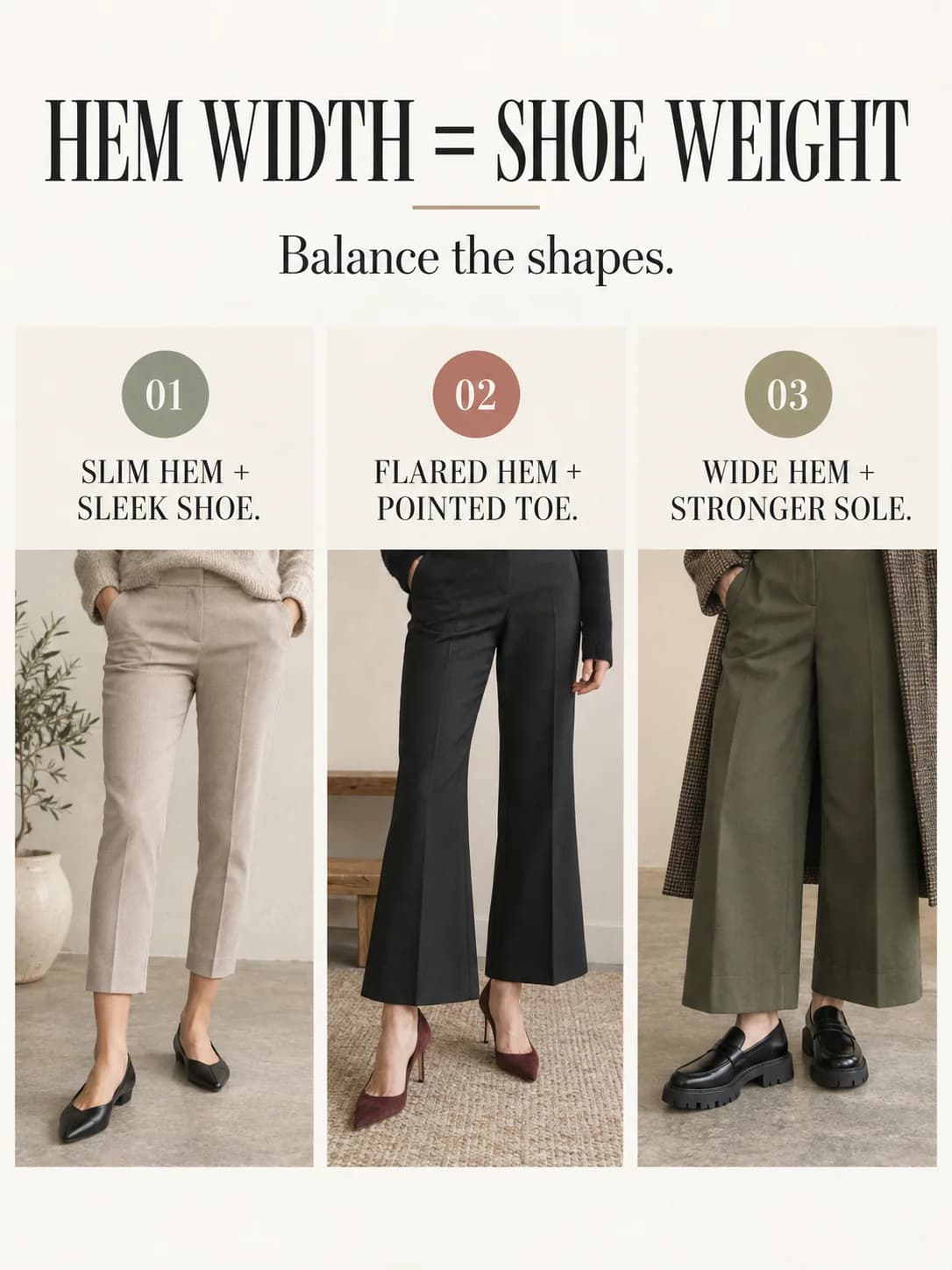 HEM WIDTH = SHOE WEIGHT guide for what shoes to wear with cropped trousers