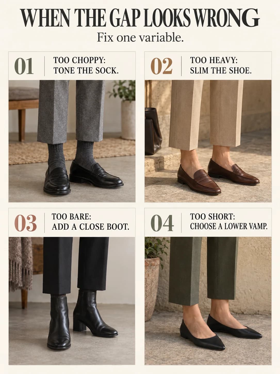 WHEN THE GAP LOOKS WRONG guide for what shoes to wear with cropped trousers