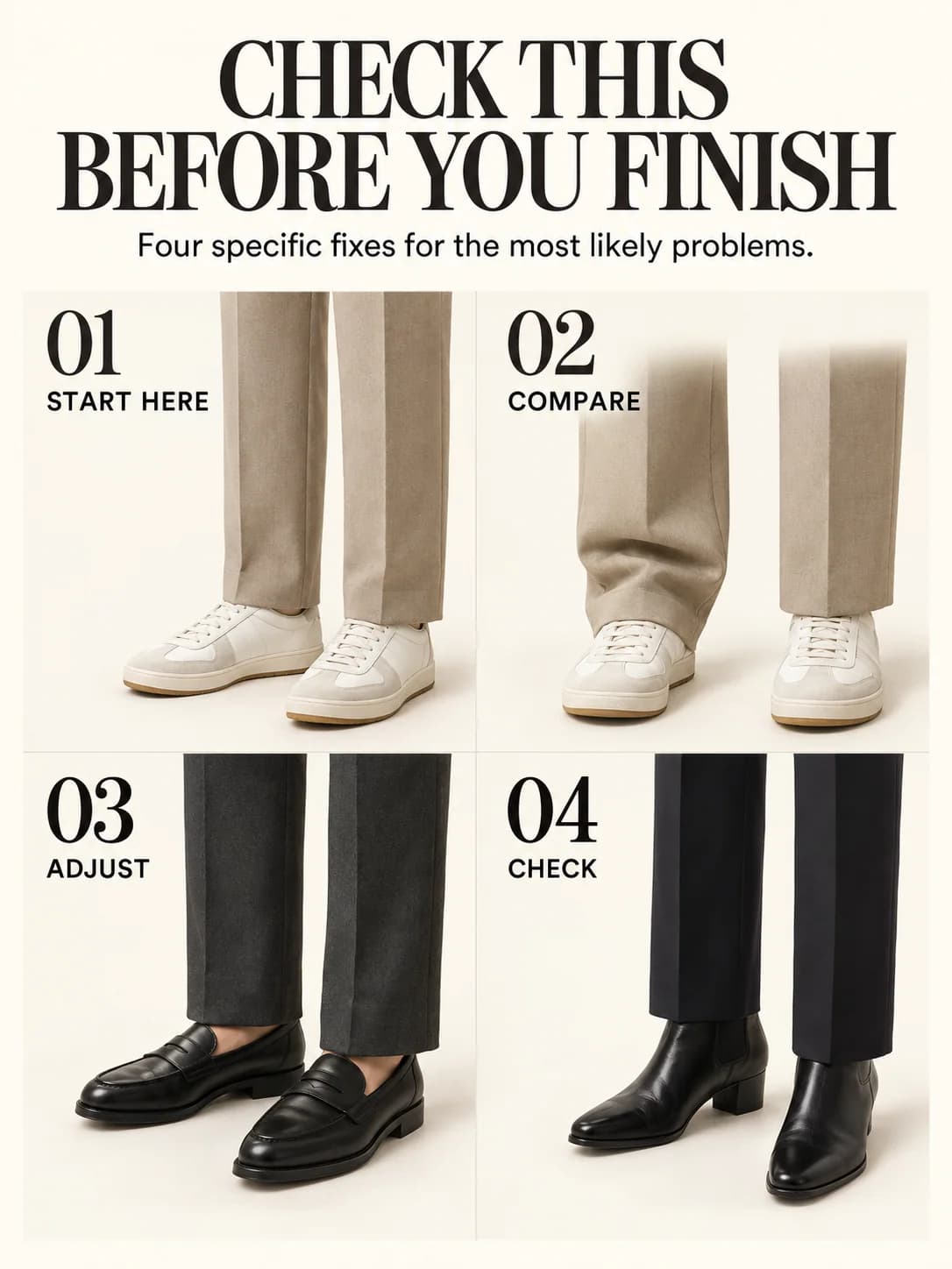 Educational guide for what shoes to wear with straight leg trousers: Four specific fixes for the most likely problems.