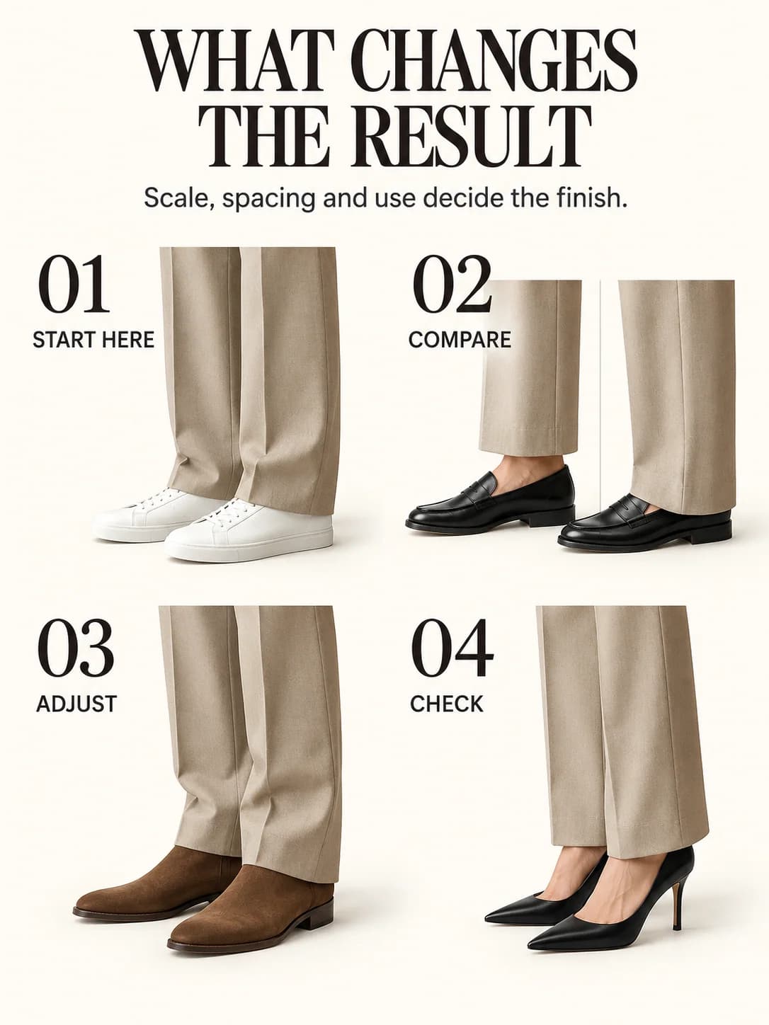 Educational guide for what shoes to wear with straight leg trousers: Scale, spacing and use decide the finish.
