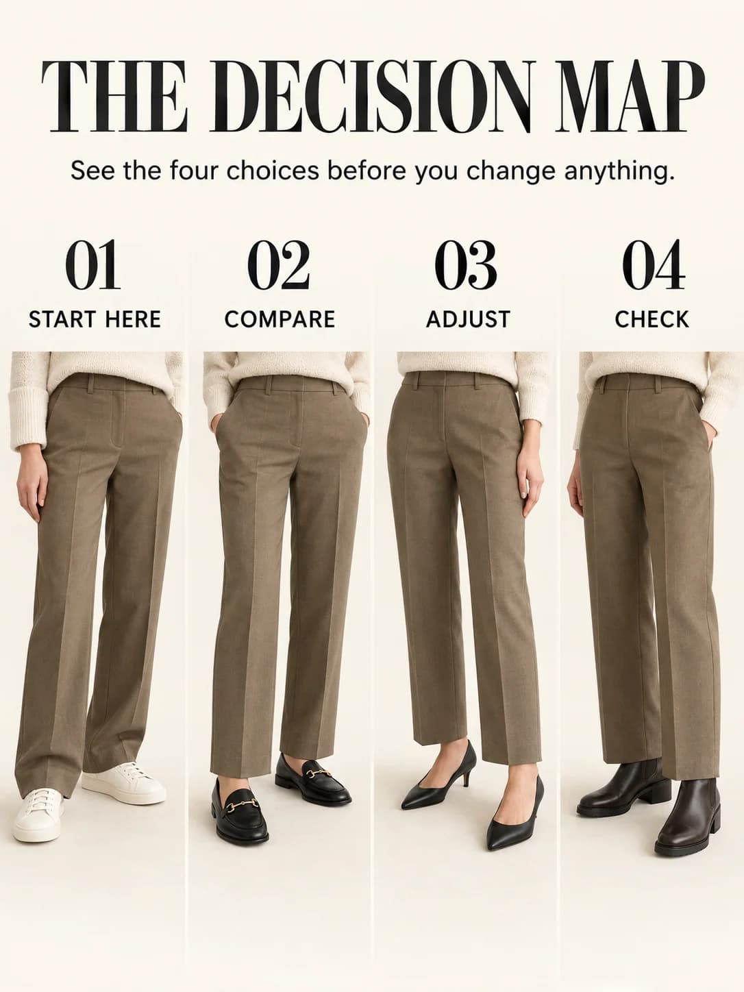 Educational guide for what shoes to wear with straight leg trousers: See the four choices before you change anything.