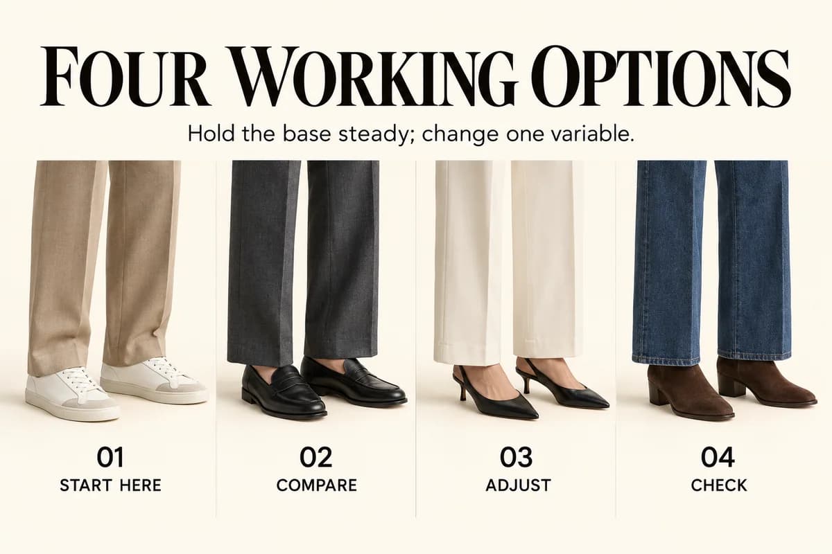 Educational guide for what shoes to wear with straight leg trousers: Hold the base steady; change one variable.