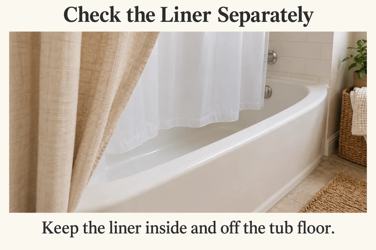 A partly opened outer curtain reveals a separate liner hanging inside the tub, below the rim and clear of the tub floor.