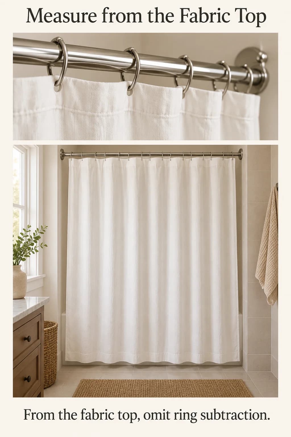 A close-up shows the curtain top hanging below its rod on rings; a full view connects that installed top edge to the finished hem.
