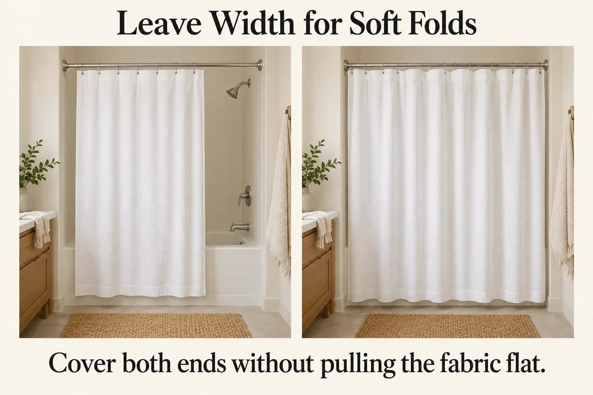 A narrow curtain leaves a side gap when stretched flat, while a wider curtain covers the same opening with relaxed folds.