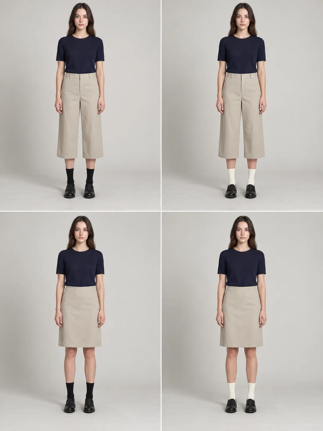 Black and ivory socks compared with the same loafers under cropped trousers in the top row and a skirt in the bottom row.