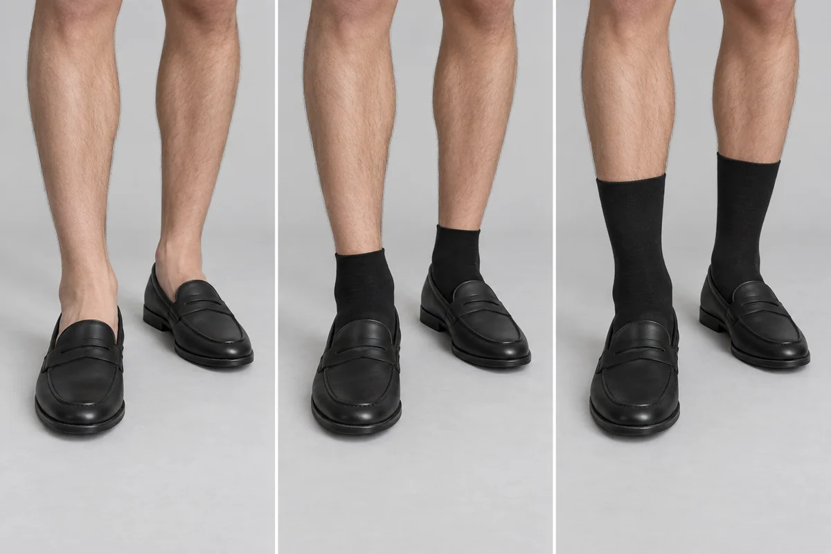 The same black loafers with hidden socks, fine black ankle socks and fine black crew socks at matching camera scale.