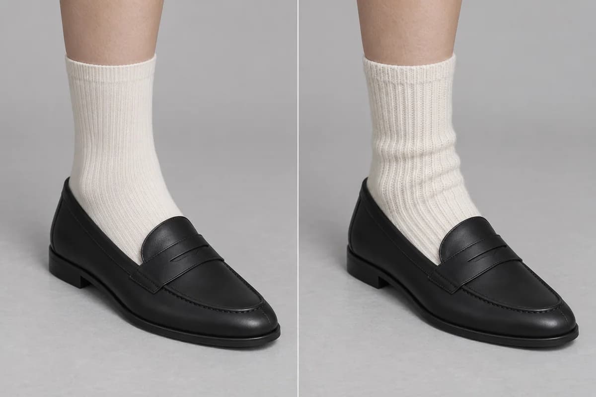 A fine ivory sock and a thicker ivory sock at the same height in the same black loafer, showing the different fabric bulk.