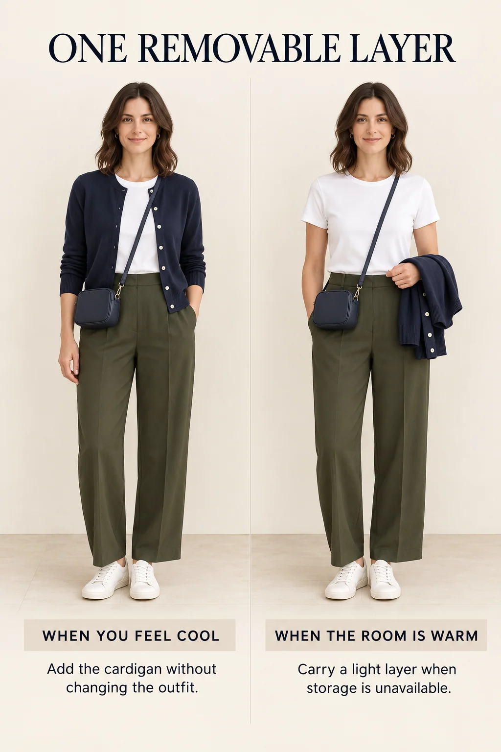 The same tee, olive trousers and sneakers with a navy cardigan worn open and then folded over an arm show a practical temperature adjustment.