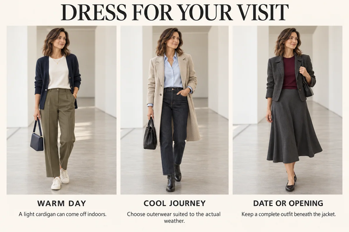 Warm-day trousers and sneakers, cool-day jeans and boots, and a burgundy-knit skirt outfit show museum clothes that remain complete without outer layers.