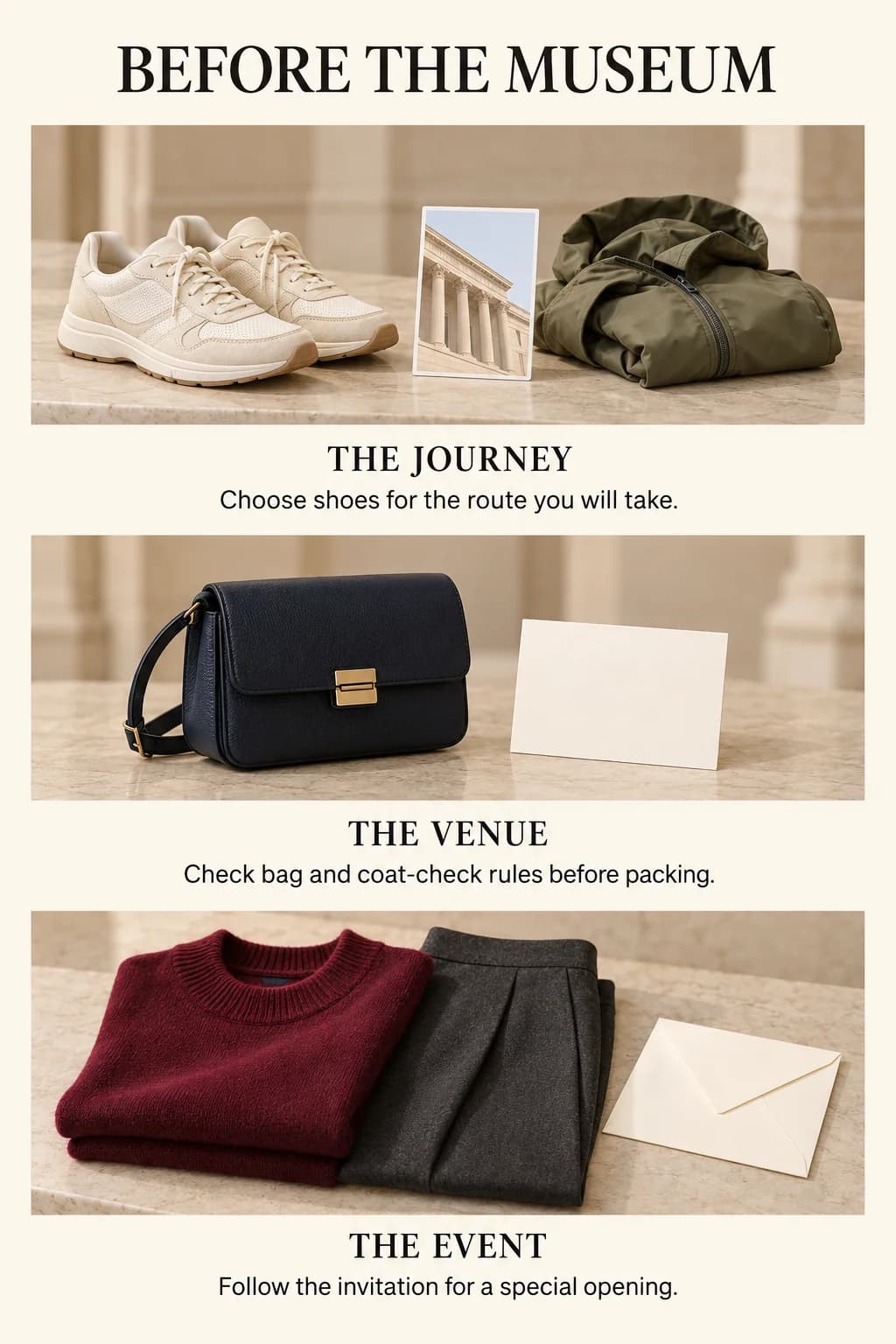 Shoes and a coat represent the journey, a small bag represents venue checks, and an invitation beside a dressed-up outfit represents event requirements.