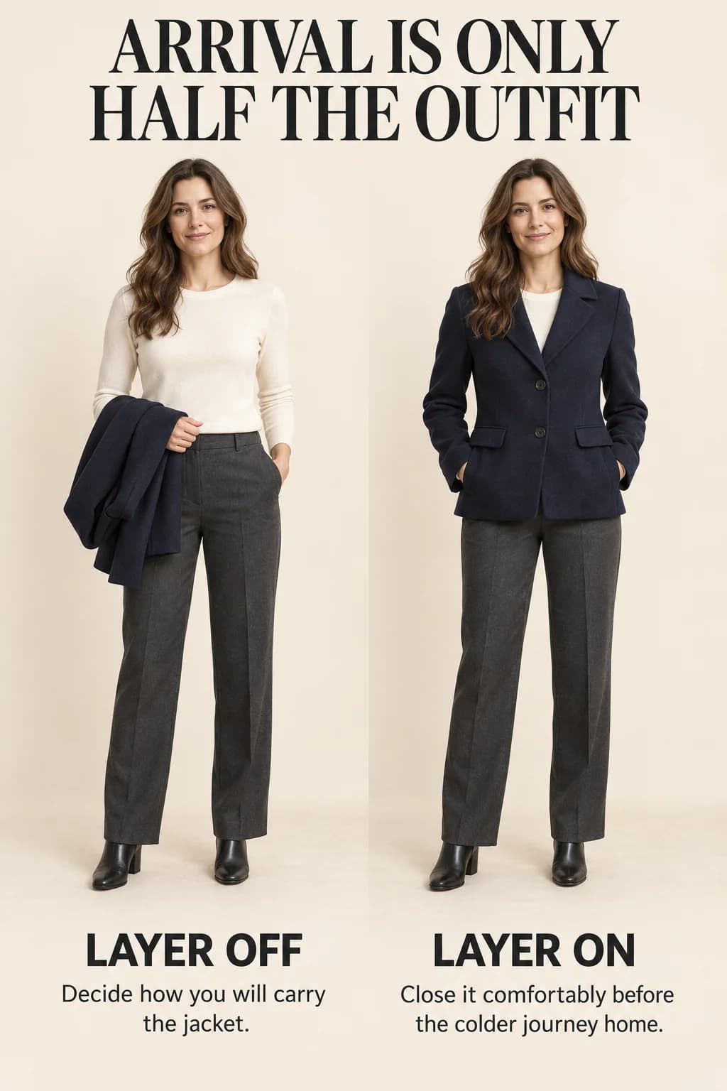 The same concert outfit with its jacket carried and worn demonstrates planning for both a warm arrival and a colder departure.