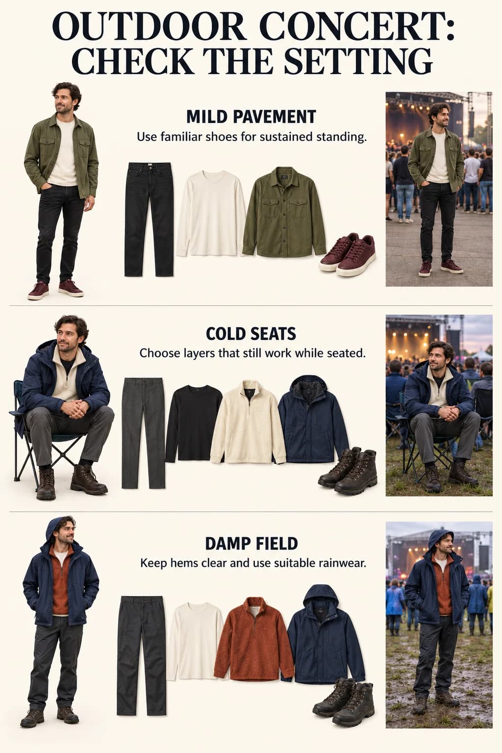 Three concert outfits pair the ground and activity with practical footwear, seated warmth and rain protection.