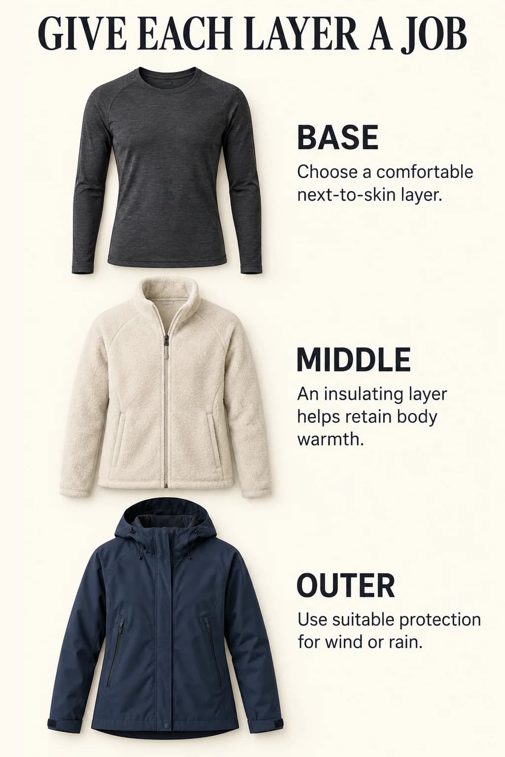 A base top, fleece and rain shell illustrate distinct next-to-skin, insulation and weather-protection roles.