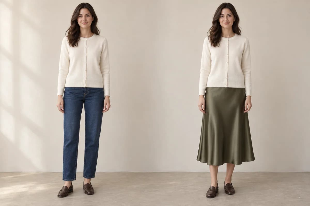 Side-by-side outfits keep an ivory cardigan and chocolate loafers the same, changing dark-indigo straight jeans to an olive satin midi skirt.
