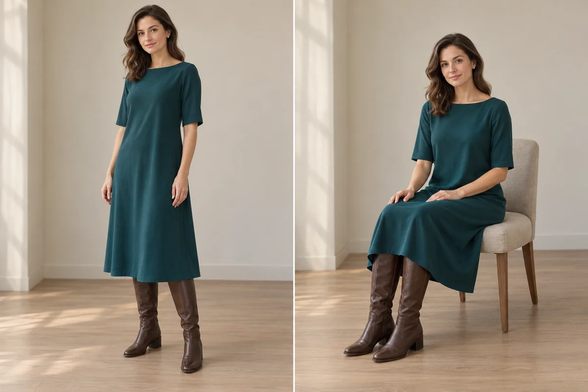 Standing and seated views of the same unbelted deep-teal midi dress with chocolate boots, showing its gentle A-line shape and relaxed drape through the middle.