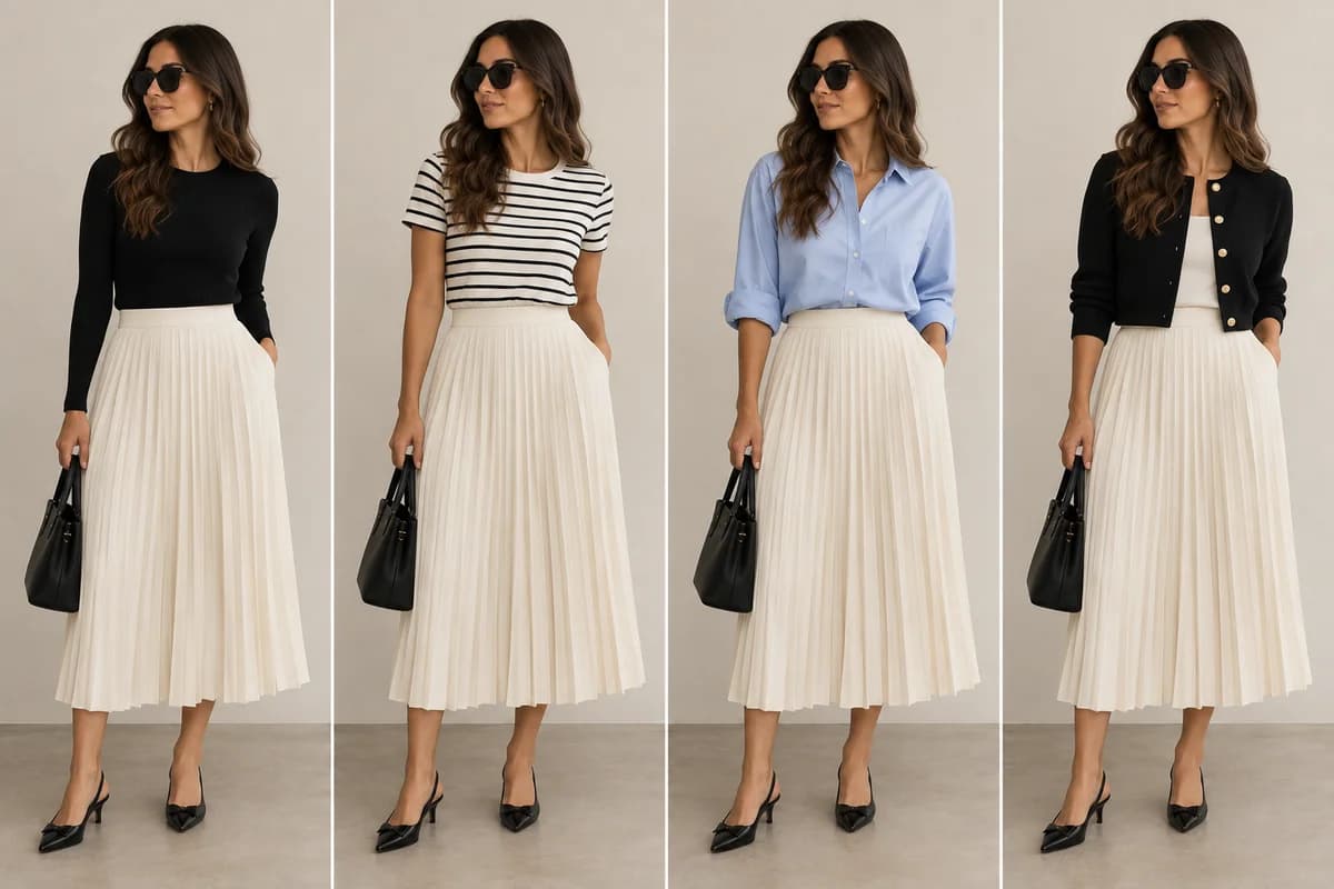 Controlled photographic comparison for what top to wear with a pleated skirt