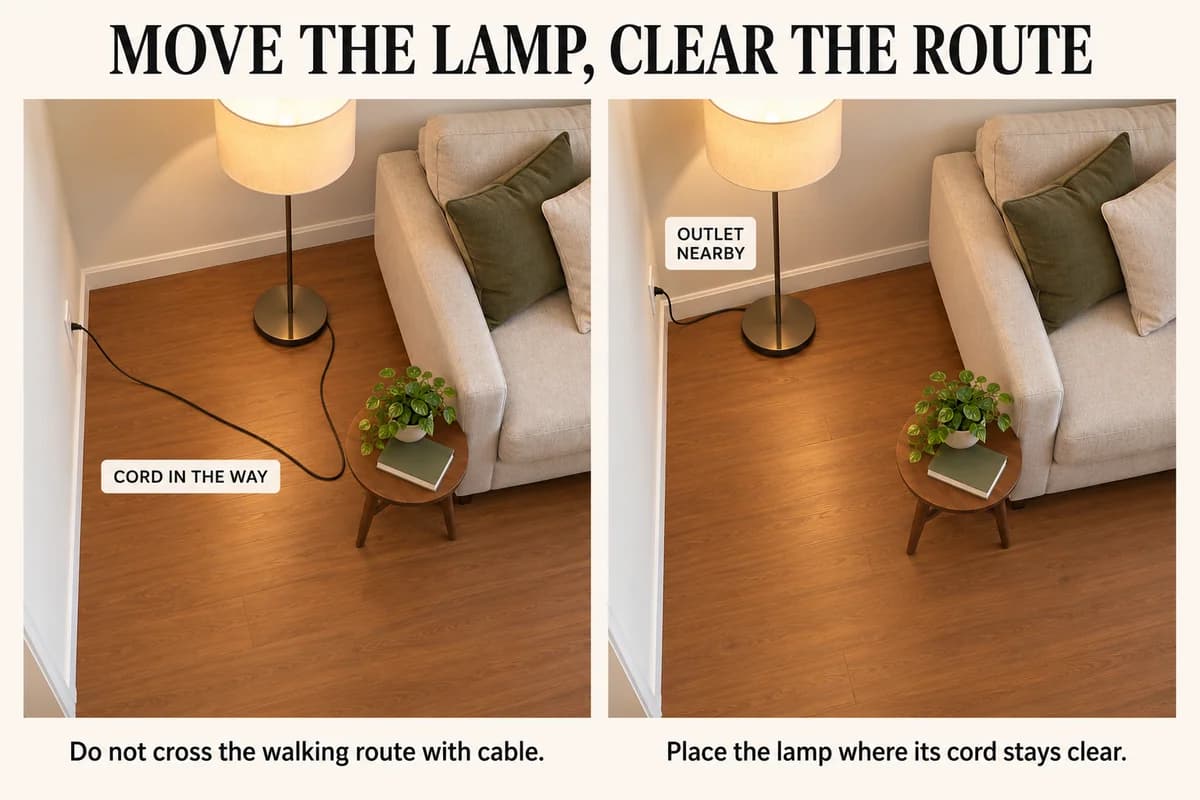 A lamp cord crosses a living-room walking route, then the lamp moves beside a nearby outlet so the cord stays along the wall.