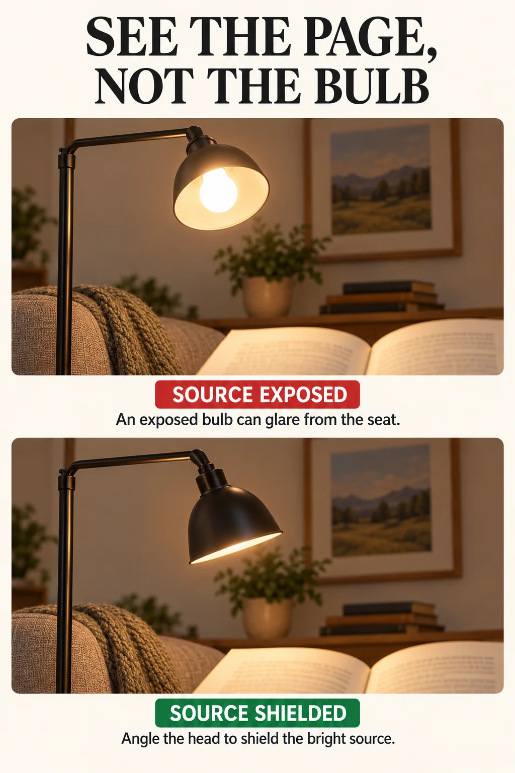 From the same seated viewpoint, an adjustable lamp exposes its bulb, then angles downward to shield the source while lighting a book.