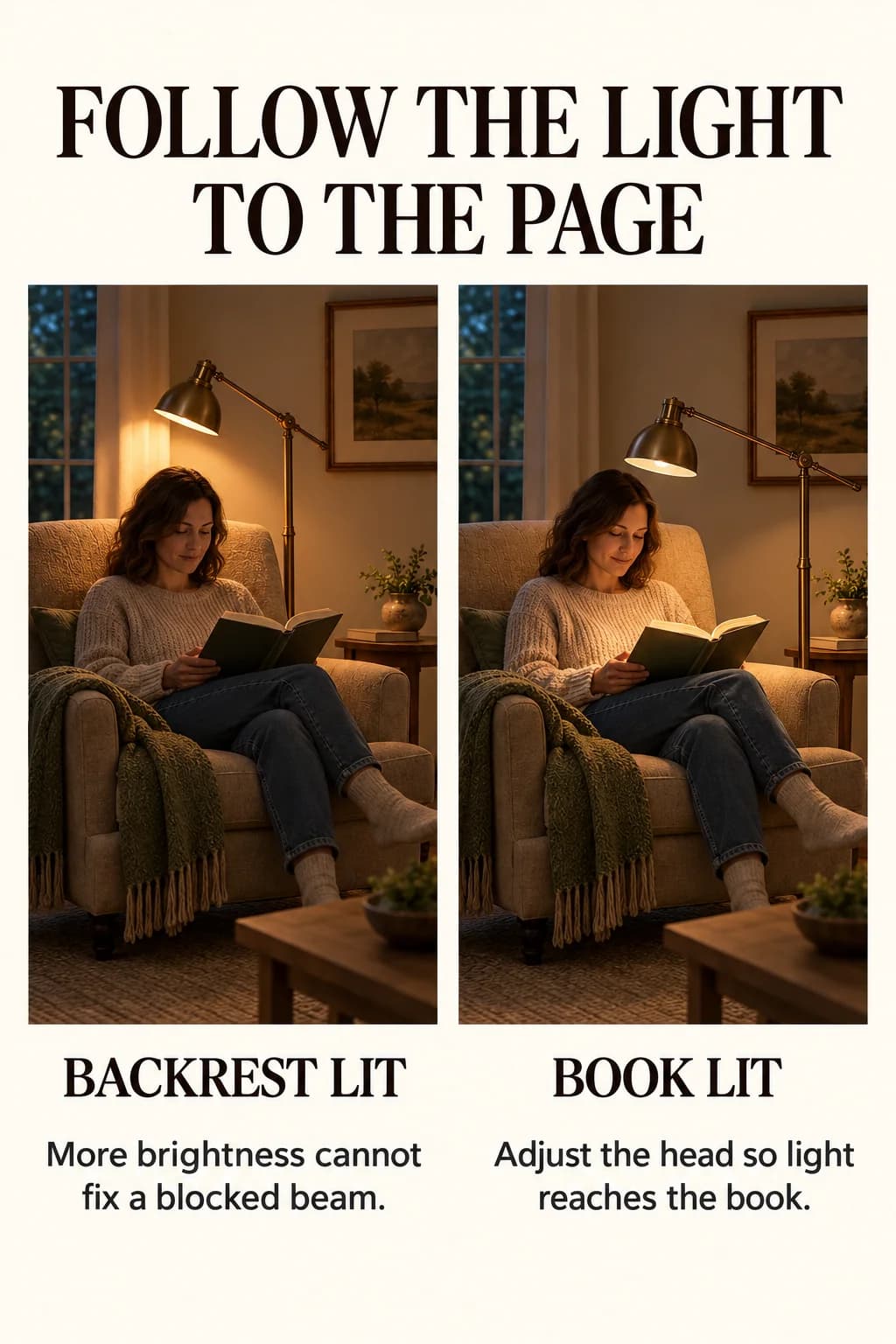 The same reading lamp first lights the chair back, then its repositioned head directs light past the shoulder onto the open book.