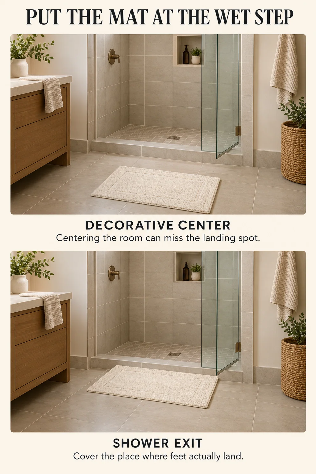 An identical bath mat centered away from the shower and moved to the exit shows why placement follows the step-out area.