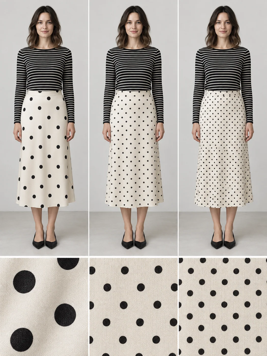A fixed striped top with large spaced dots, smaller dots at similar background coverage, and the same small dots packed more closely; matching fabric details appear below.