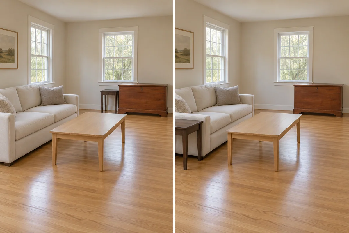 A dark side table moves from immediately beside a reddish-brown chest to beside cream upholstery while all wood finishes stay unchanged.