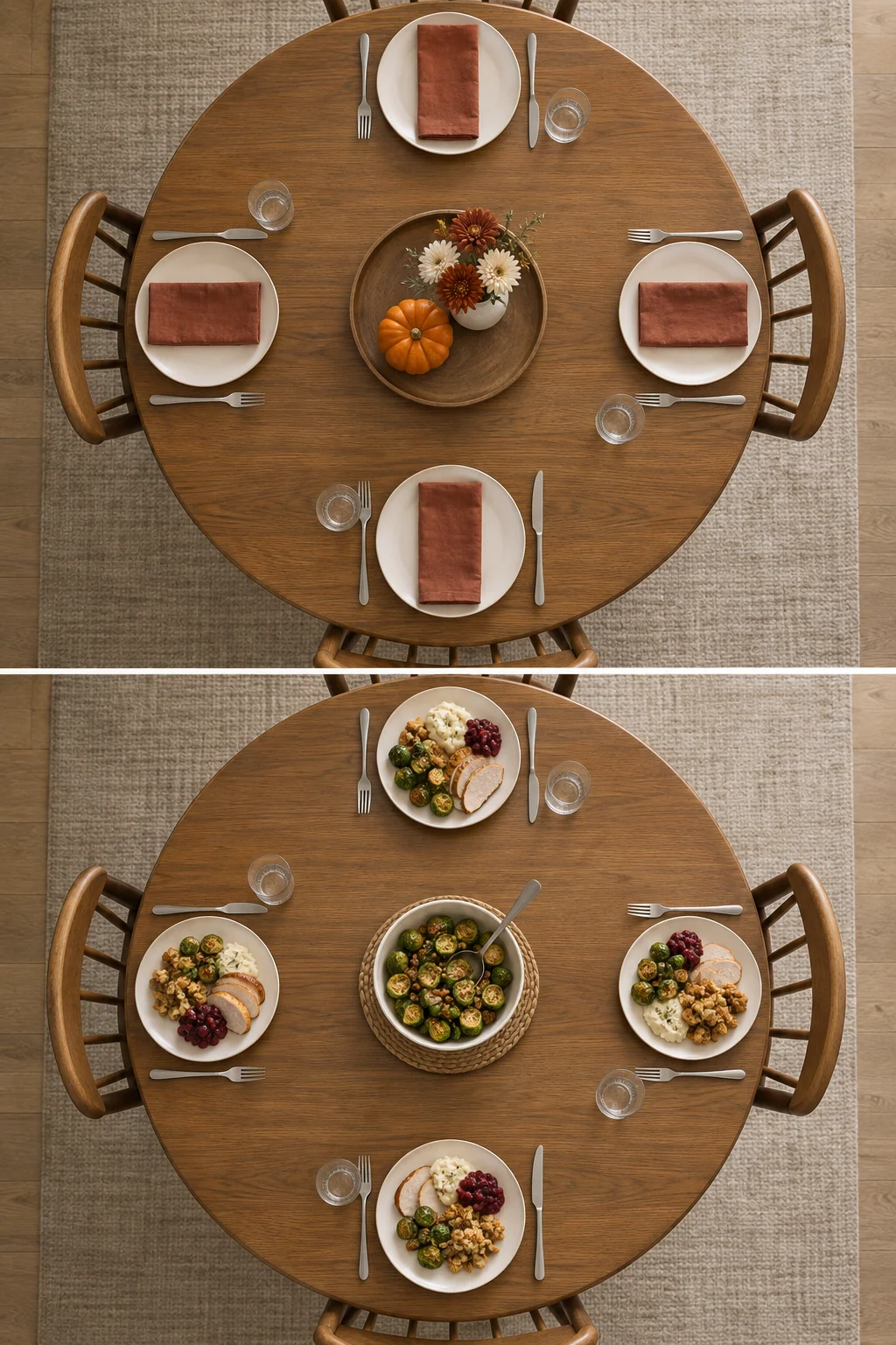 Overhead comparison of a round Thanksgiving table for four, with a low decorative tray before dinner and one shared bowl in the same center space during dinner.