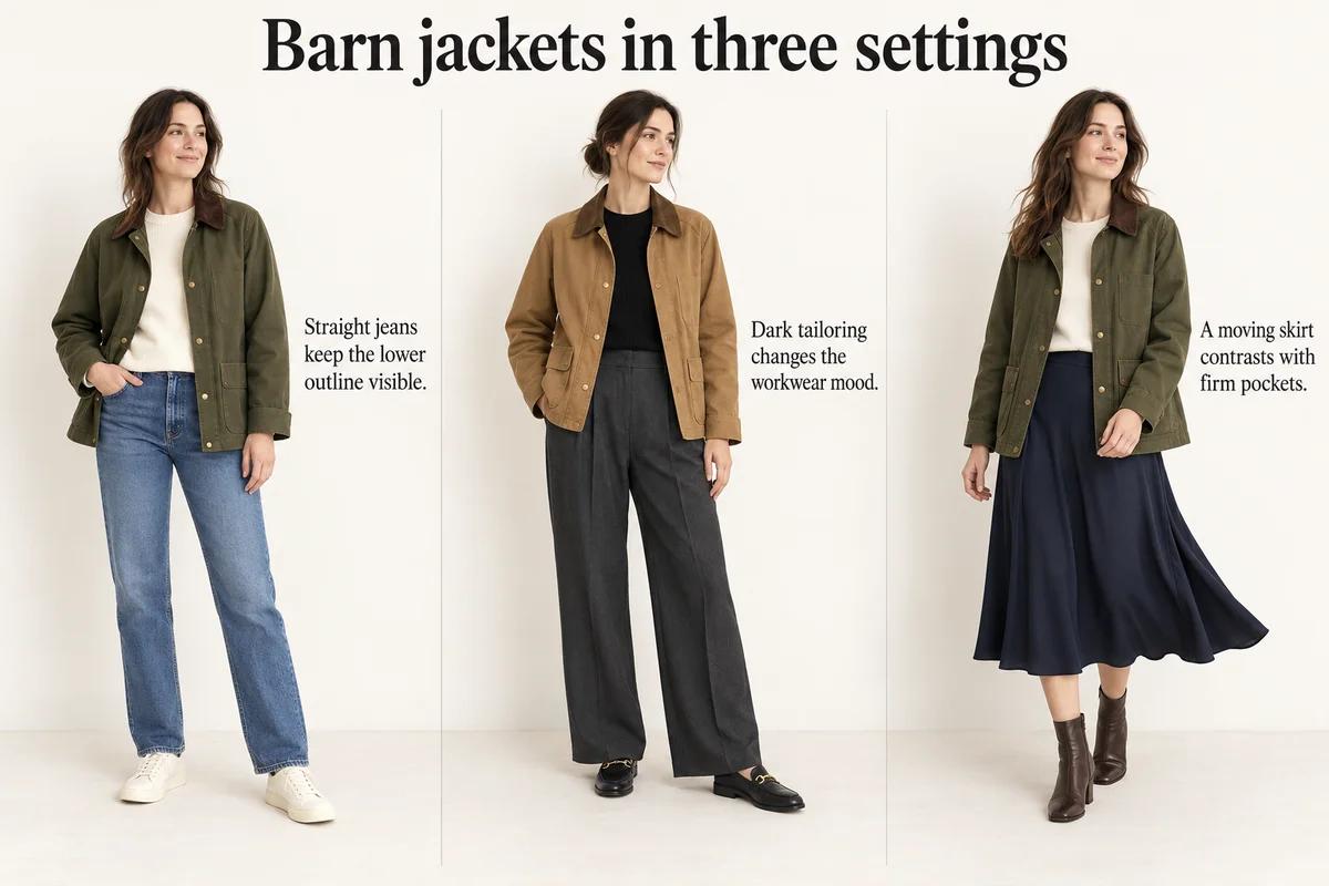Olive and tan barn-jacket outfits compare straight jeans, tailored trousers and a fluid navy skirt.