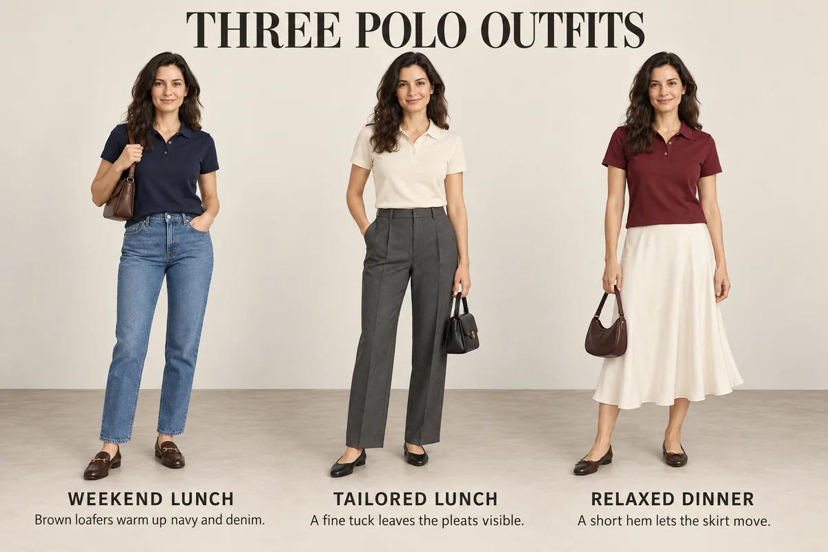 Navy polo with jeans and loafers, cream polo with pleated trousers and flats, and burgundy polo above a cream skirt demonstrate three complete outfits.