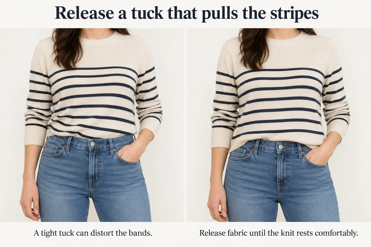 The same striped knit tightly and loosely tucked shows fabric tension rather than a change in body shape.