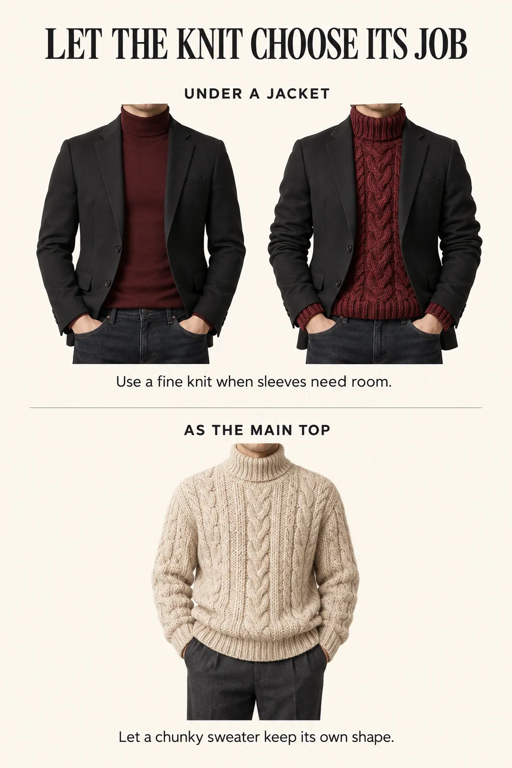 Fine burgundy turtleneck fits under a blazer while bulky sleeves bunch; an oatmeal cable knit is worn loose as the outer top.