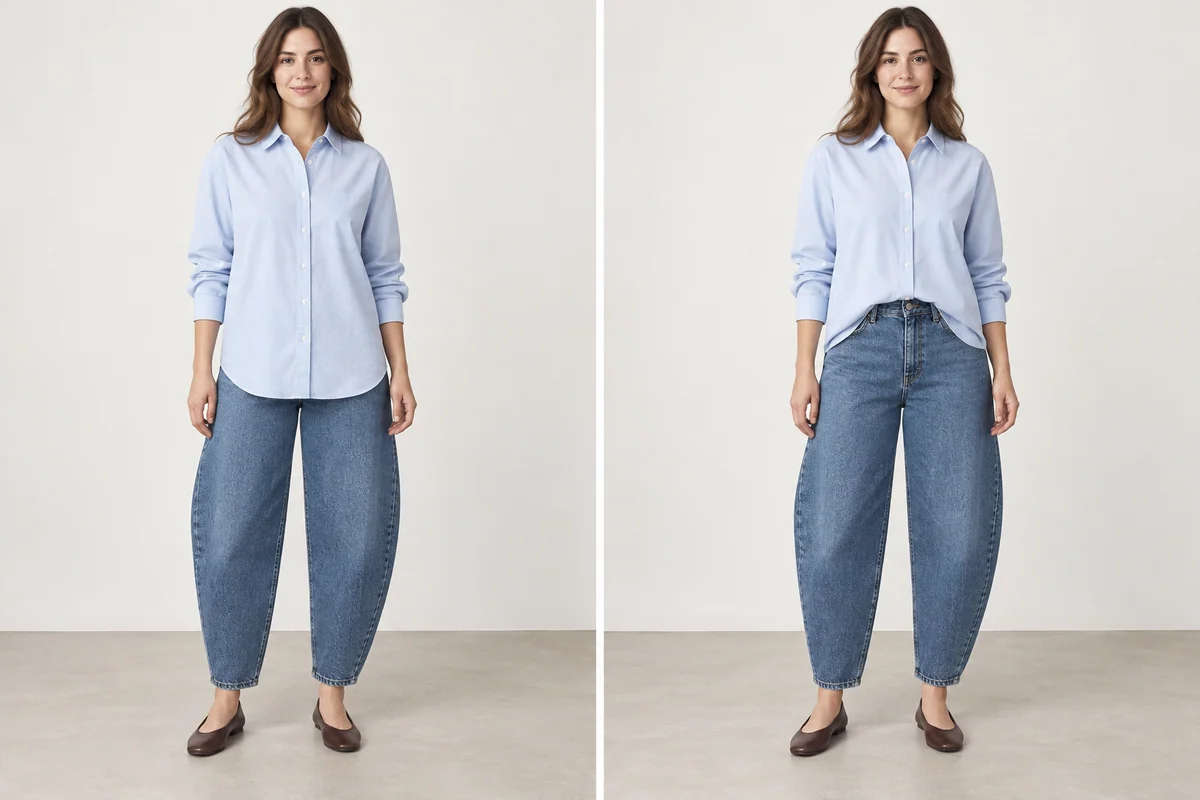 The same pale-blue shirt and medium-blue barrel jeans worn fully untucked on the left and with a small front tuck on the right.