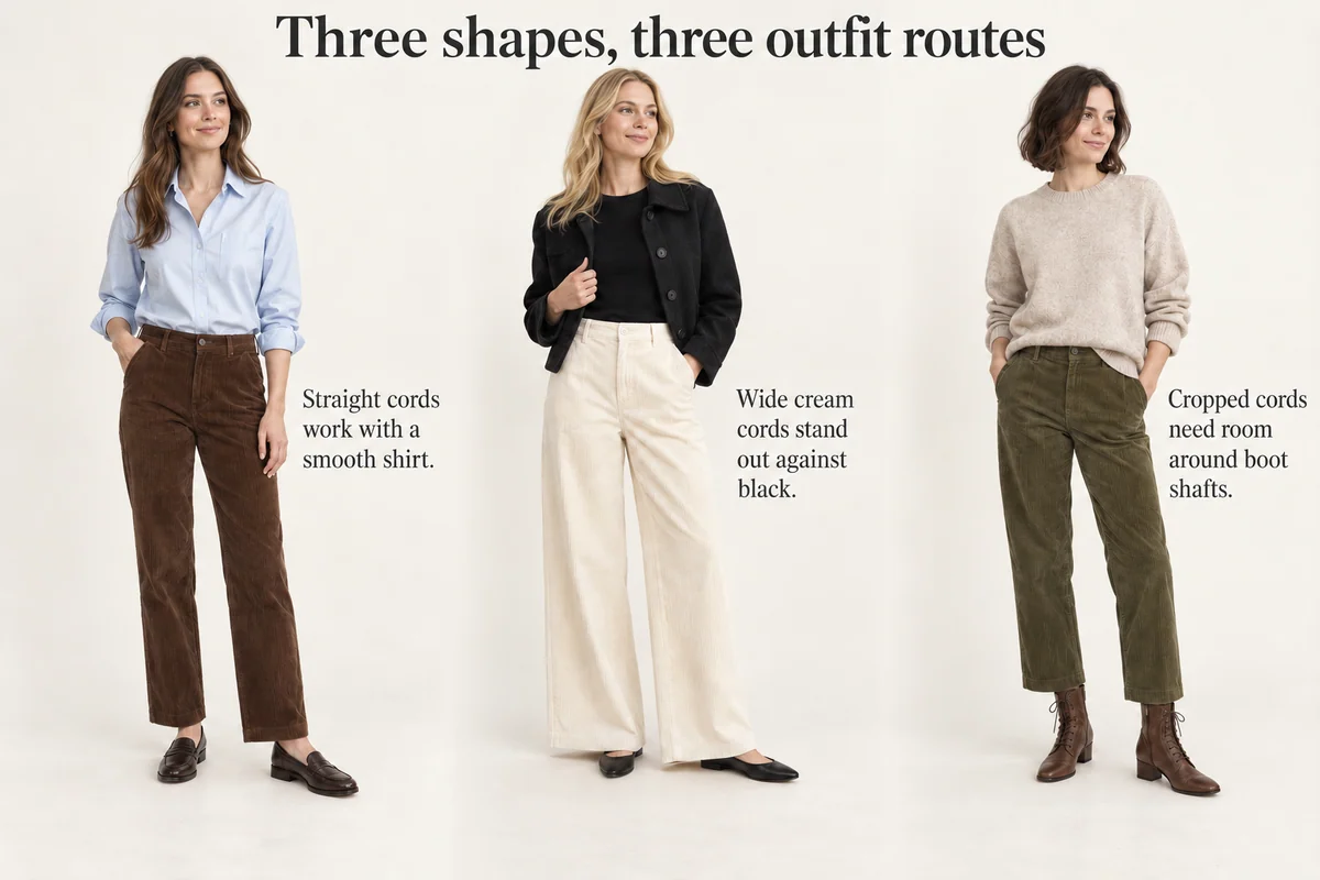 Straight brown, wide cream and cropped olive cords show shirt, jacket and knit outfits with corresponding shoes.