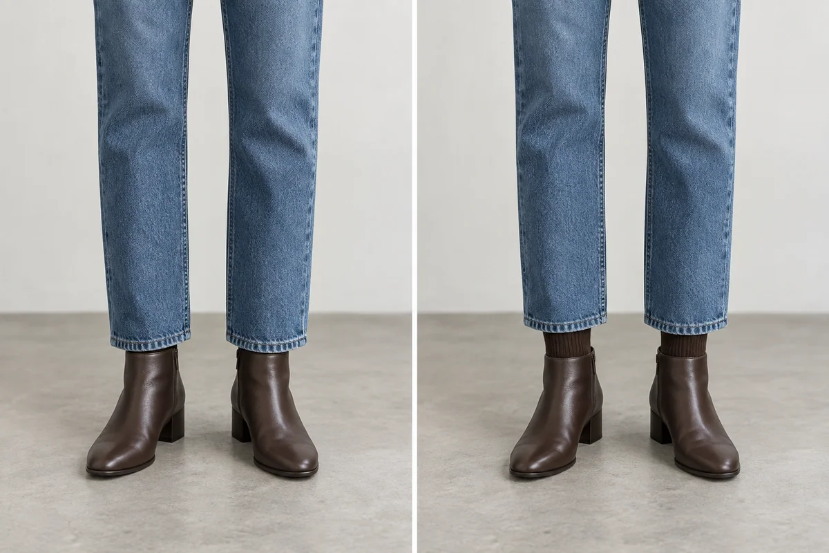 Straight-leg jeans overlap a slim taller ankle-boot shaft on the left and finish above a lower shaft on the right.