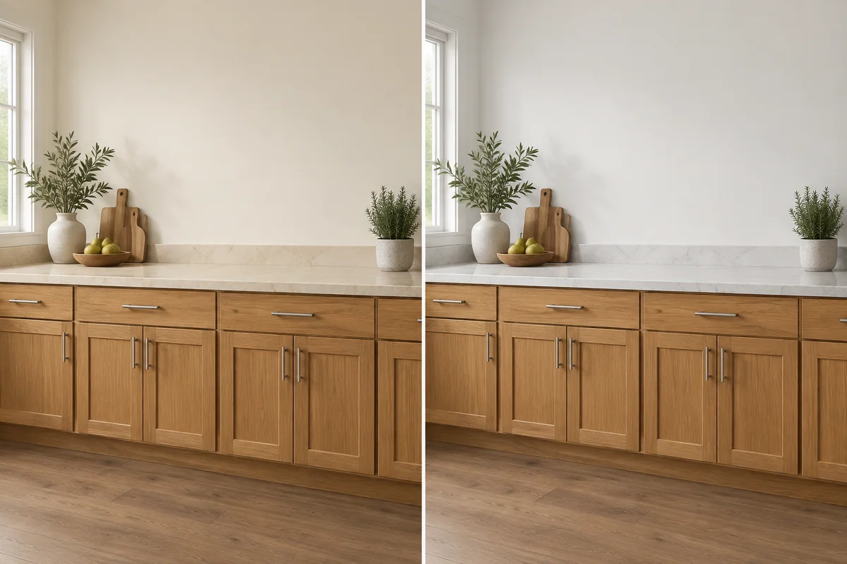 Identical honey-oak cabinets with a warm off-white wall beside cream counters and a less creamy wall beside cool white counters.