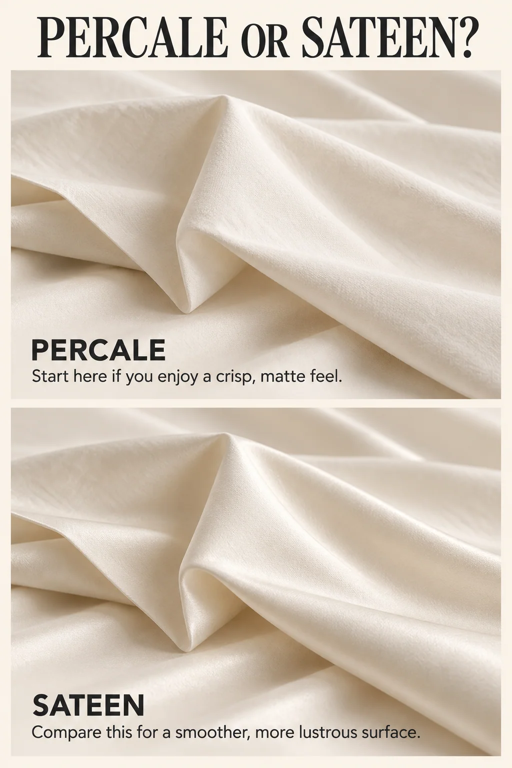 Matte percale and softly lustrous sateen fabric folds illustrate the surface preferences to compare, without promising identical feel across products.