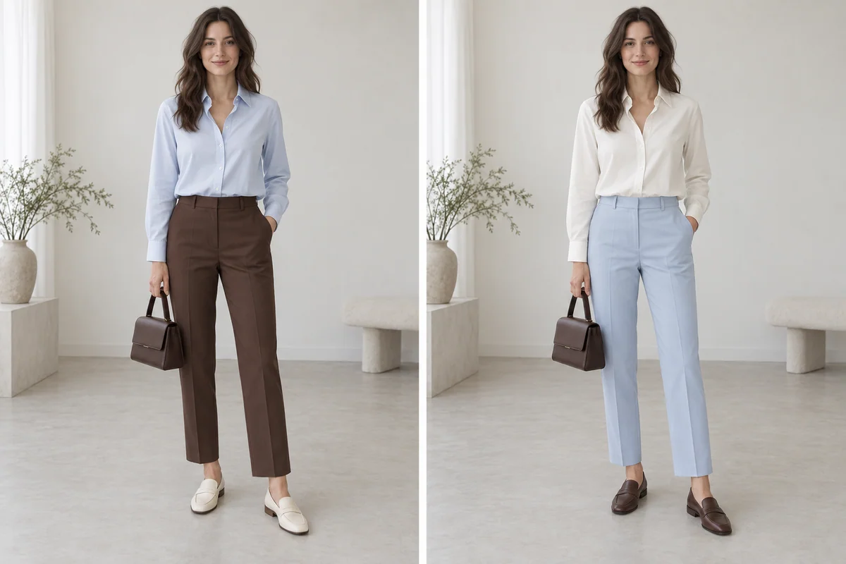 Chocolate trousers with a pale-blue shirt and ivory shoes beside pale-blue trousers, an ivory shirt and chocolate accessories.