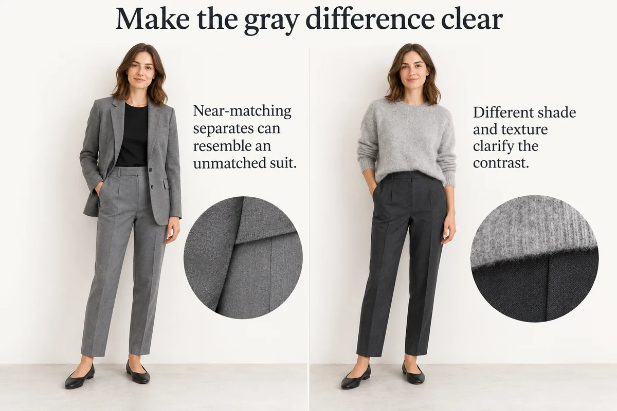 Near-matching gray tailoring is compared with a light textured knit and dark smooth trousers.