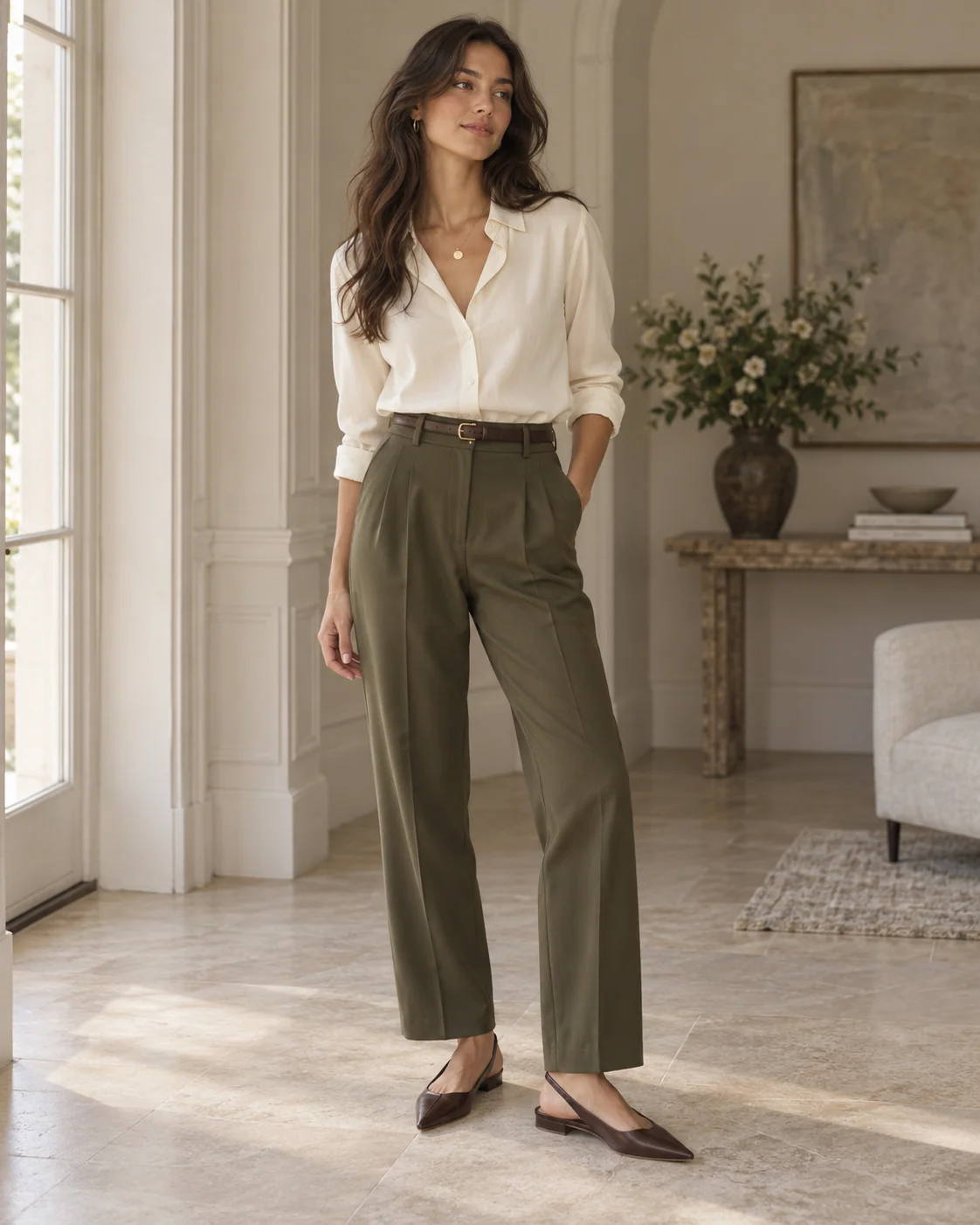 Olive trousers styled with cream and chocolate brown